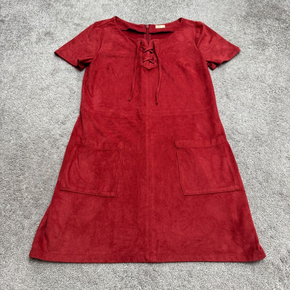 Hollister Faux Suede Shift Dress Womens Medium Red Lace Up Front Pockets Short